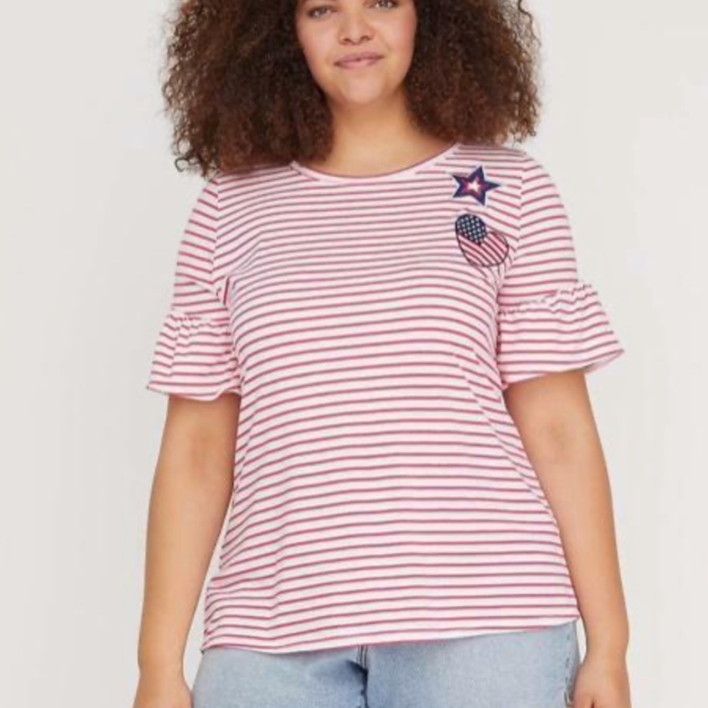 Lane Bryant Patriotic Stripped Tee w/Embroidery